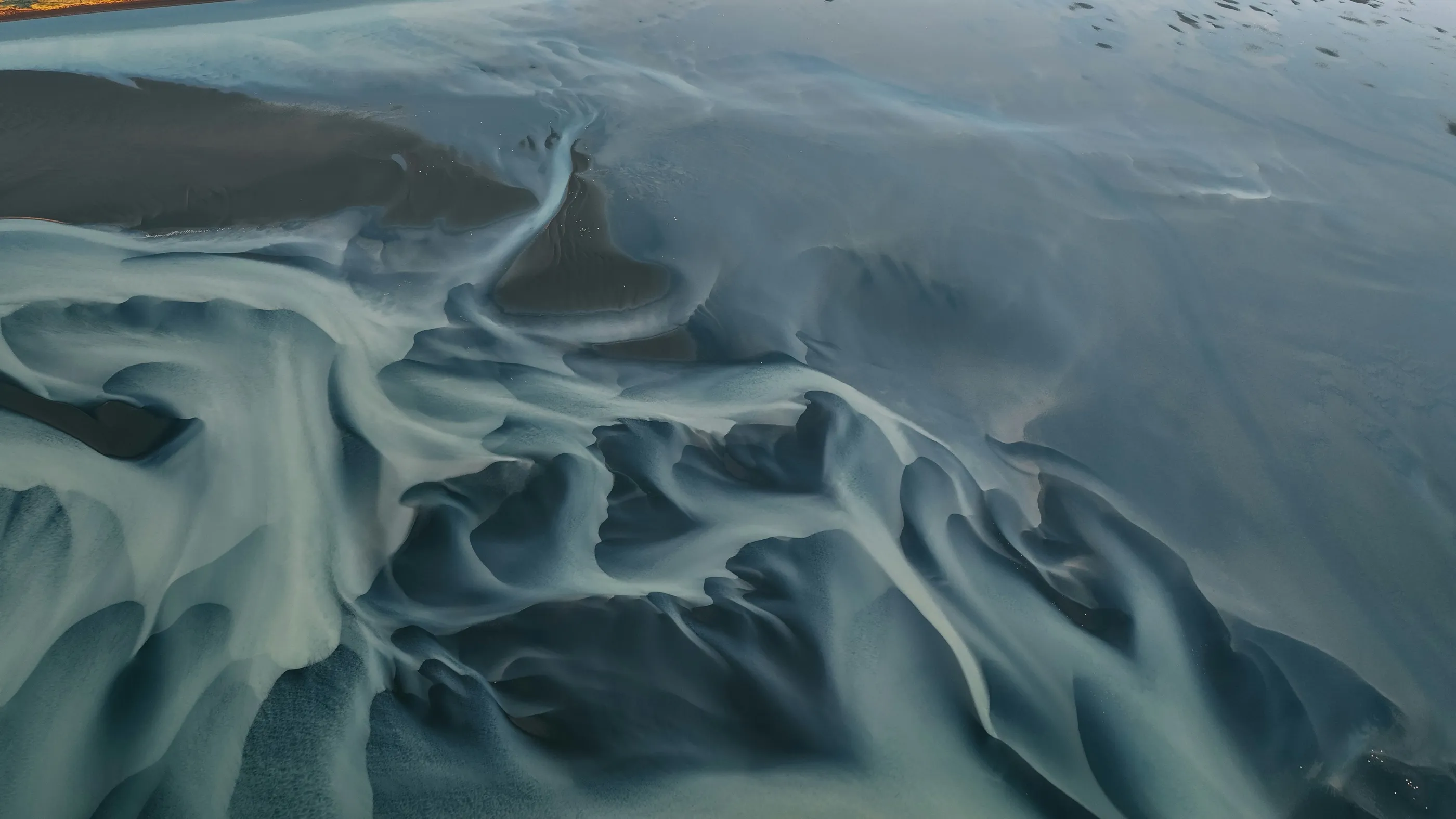 Aerial view of braided glacial river channels